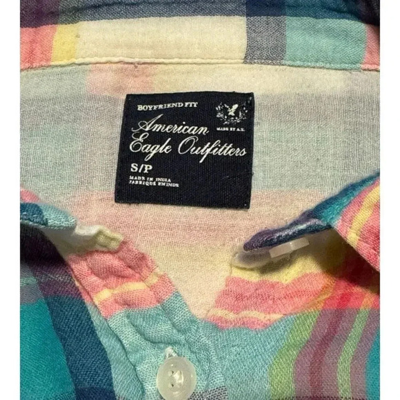 American Eagle Women’s Small Pastel Plaid Boyfriend Fit Button Down Top - Picture 4 of 7